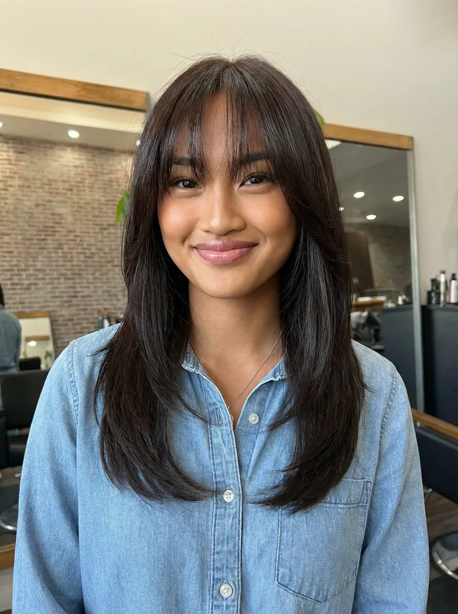 Medium Straight Layers with Wispy Bangs in Chocolate Brown